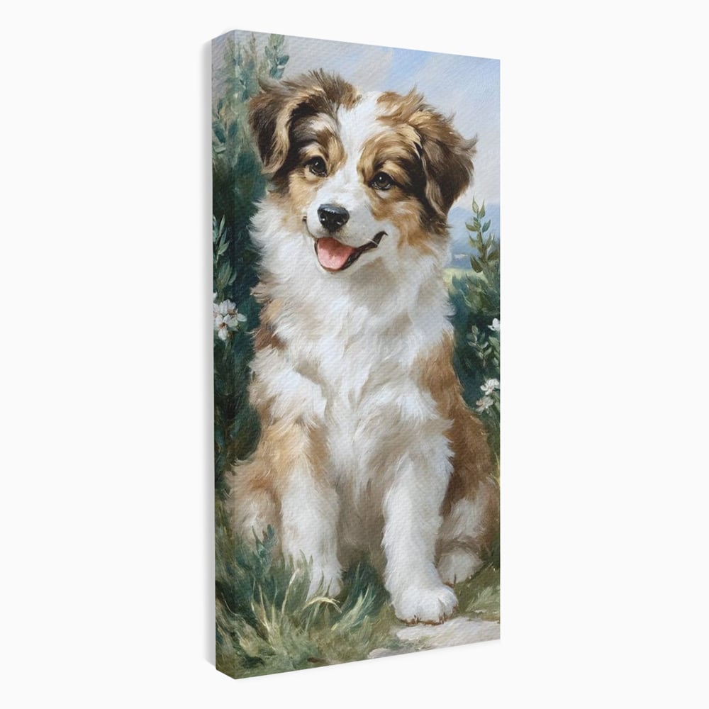 Tablou canvas cu tablou canvas cu catel prietenos in gradina, fara rama, pe sasiu de lemn